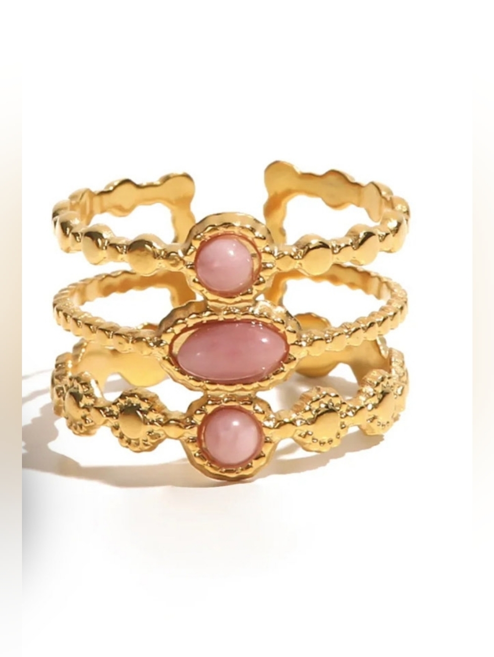 Gold Pink Triple-Row Stone Ring - Adjustable Ring